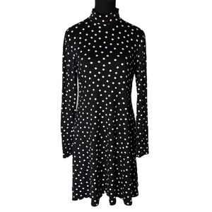 REBEL SUGAR Black White Polka Dot Long Sleeve Dress Jersey Knit Mock Neck Medium